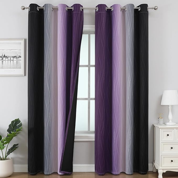 Estelar Textiler Purple and Black Ombre Blackout Curtains for Bedroom, Thermal Insulated Gradient Blackout Drapes, Full Room Darkening Energy Saving Curtains for Living Room, 52Wx84L, 2 Panels