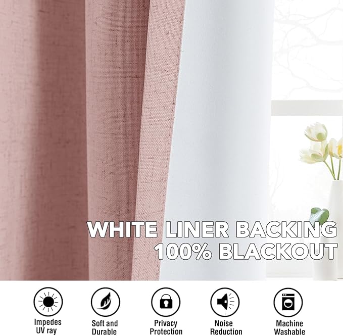 H.VERSAILTEX Linen Curtains 100% Blackout Curtains for Bedroom 96 inch Long Full Light Blocking Nature Linen Blended Window Curtains for Living Room Nickel Grommet (2 Panels, Heathered Baby Pink)