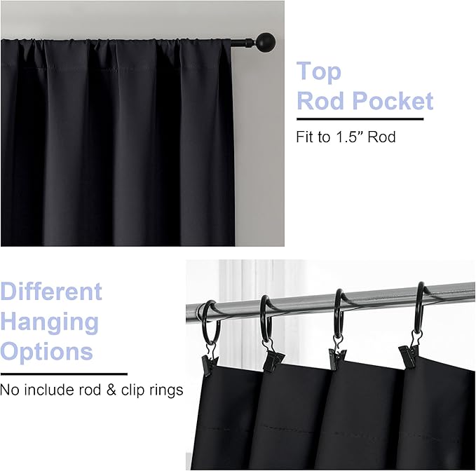Simplebrand Ava Halloween Black Short Blackout Curtains for Bedroom 54 Inches Long 2 Panels Set, Solid Thermal Insulated, Energy Saving Window Treatment Curtains Blackout Drapes, W40 x L54 Inch, Black