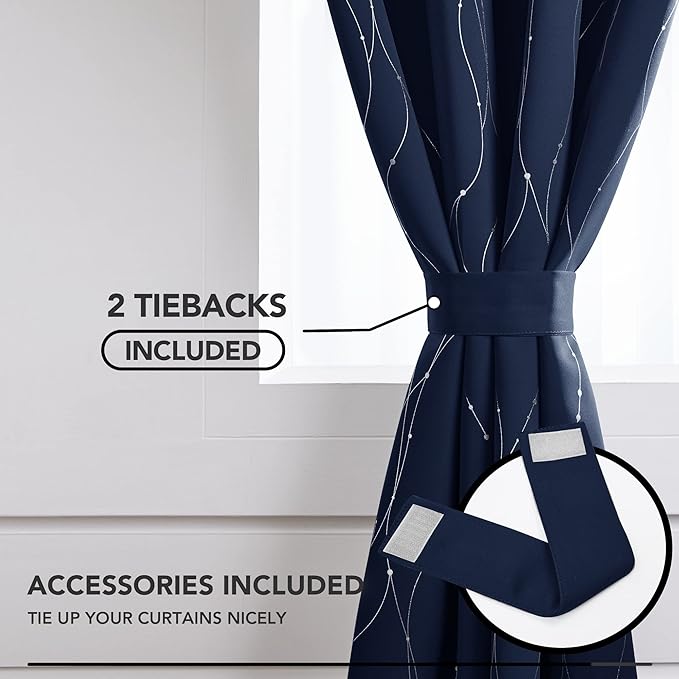 Deconovo Blackout Curtains 54 Inch Length for Kitchen, Navy Blue Curtain, Thermal Insulated Soundproof Privacy Curtain with Silver Wave Dot Print, Machine Washable Panel for Small Windows Nursery Home