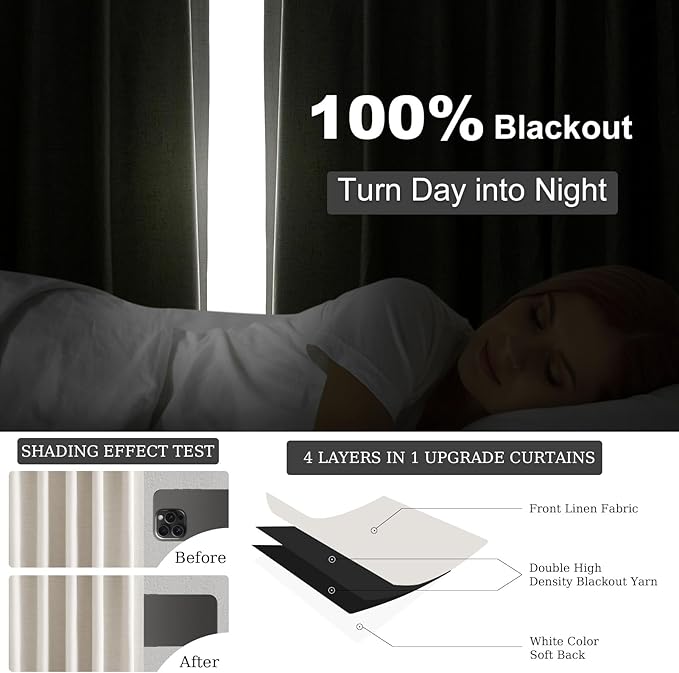 100% Blackout Curtains 70 Inch Wide 90 Inch Long for Living Room Sliding Glass Door Back Tab Pleated Farmhouse Natural Birch Boho Bedroom Heavy Insulated Large Window Drapes (70" Wx90"Lx2Panels)