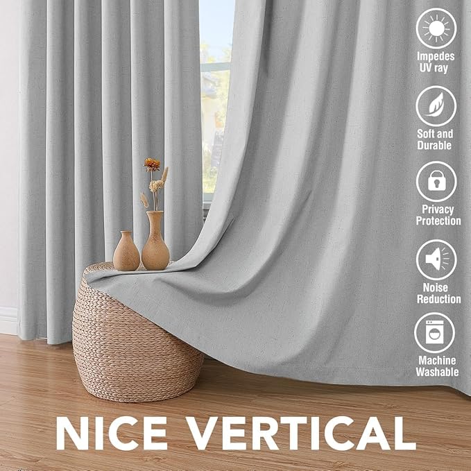 H.VERSAILTEX Linen Curtains 100% Blackout Curtains for Bedroom 102 inch Long Full Light Blocking Nature Linen Blended Window Curtains for Living Room Nickel Grommet (2 Panels, Glacier Gray)