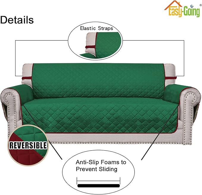 Easy-Going 4 Seater Sofa Slipcover Reversible Sofa Cover Water Resistant Couch Cover with Foam Sticks Elastic Straps Furniture Protector for Pets Children Dog Cat (XX-Large, Green/Christmas Red)