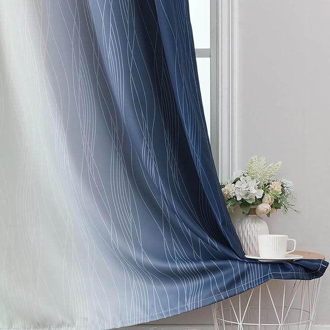 Estelar Textiler Navy Blue and Sage Green Blackout Curtains 54 Inches Long, Full Light Blocking Gradient Grommet Drapes for Kitchen, Thermal Insulated Ombre Curtains for Bedroom, 42Wx54L, 2 Panels