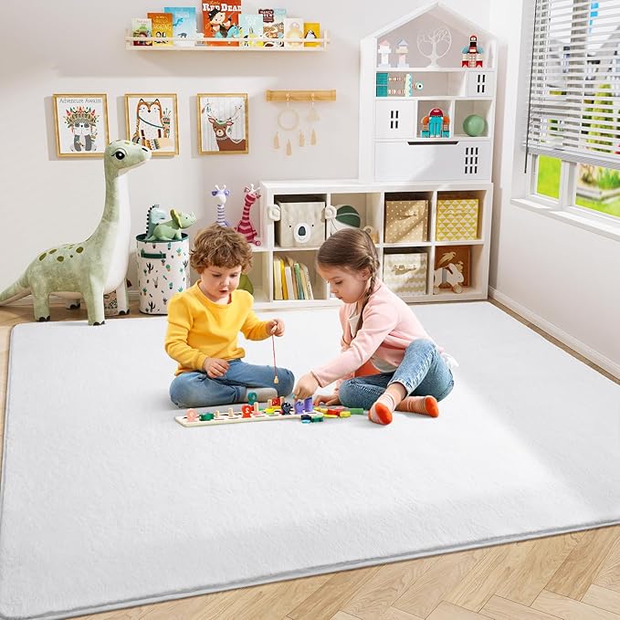 Amearea Large Modern Area Rugs for Bedroom Living Room, 6x9 Feet White Thickened Memory Foam Rug, Fluffy Indoor Washable Rugs Non Slip Minimalist Carpet for Boys Girls Dorm Nursery Room Decor