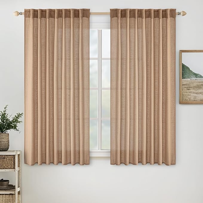 MIULEE Light Brown Linen Curtains 63 Inch Length 2 Panels for Bedroom Living Room, Soft Thick Linen Textured Kitchen Window Drapes Semi Sheer Light Filtering Back Tab Rod Pocket Burlap Look Decor