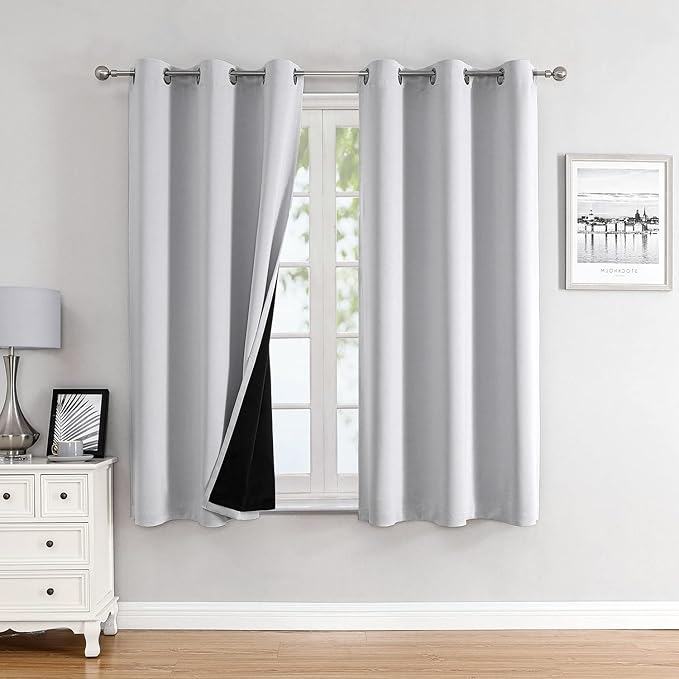 ChrisDowa 100% Blackout Curtains 63 inch Long for Bedroom with Black Liner, 2 Thick Layers Total Blackout Thermal Insulated Grommet Window Curtains 2 Panels Set (Greyish White, 38 x 63 Inch)