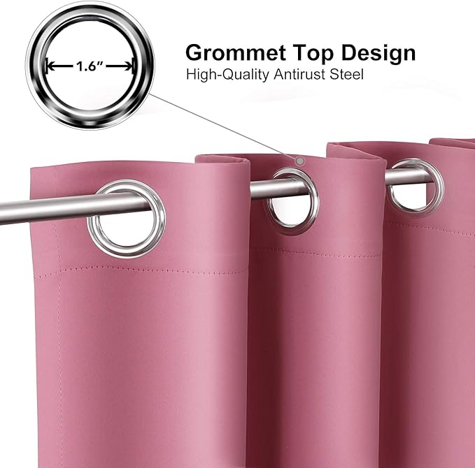 ChrisDowa Grommet Room Darkening Curtains for Bedroom and Living Room - 2 Panels Set Thermal Insulated Blackout Curtains (Pink, 52W x 72L )