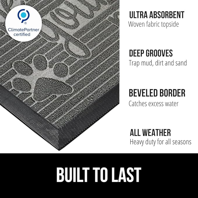 GORILLA GRIP 100% Waterproof All-Season WeatherMAX Doormat US Designed Natural Rubber, Stain and Fade Resistant, Low Profile Indoor Outdoor Door Mats, Easy Clean Patio Mat, 29x17, Stone Paws