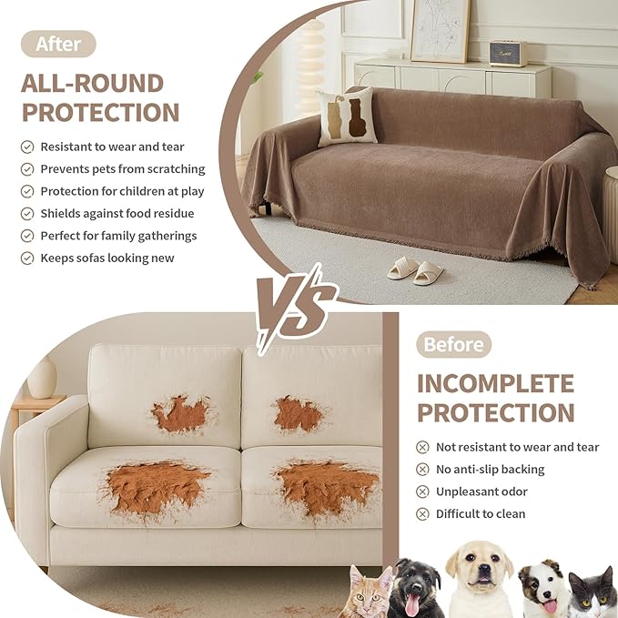 Couch Cover for Dogs, Boho Sofa Covers for 4 Cushion Couch, Chenille Sofa Slipcover for Pets Washable, L-Shape Sectional Couch Cover Soft Throw Blankets with Tassels(91x150,Coffee)