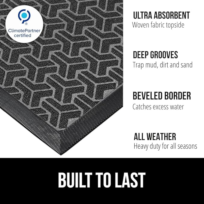 GORILLA GRIP 100% Waterproof All-Season WeatherMAX Doormat 35x23, US Designed Natural Rubber, Stain and Fade Resistant, Low Profile Indoor Outdoor Door Mats, Easy Clean Patio Mat, Slate Geometric