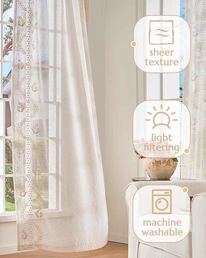 jinchan Belrose Linen Sheer Curtains for Living Room 96 Inch Length Sheer Voile Embroidered Floral Curtains for Bedroom Light Filtering Rod Pocket Window Treatments Farmhouse Decor 2 Panels Beige