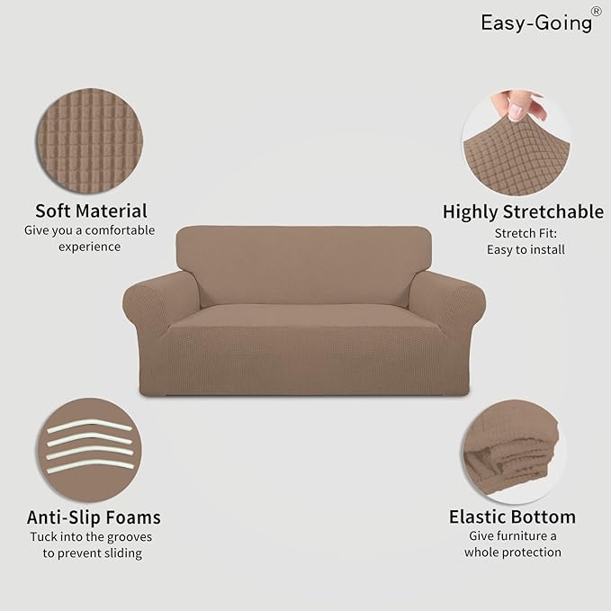 Easy-Going Stretch Oversized Loveseat Slipcover 1-Piece Sofa Cover Furniture Protector Couch Soft with Elastic Bottom for Kids Polyester Spandex Jacquard Fabric Small Checks Camel