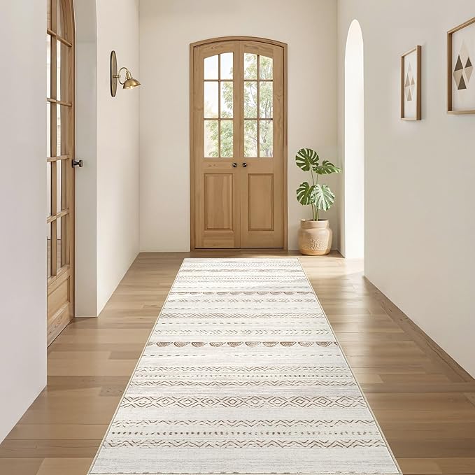 Nakagishi Runner Rug Kitchen Washable Rugs: 3x8 Non-Slip Boho Soft Modern Stain Resistant Indoor Floor Neutral Farmhouse Throw Carpet for Hallway Bathroom Laundry Room Entryway Bedroom- Brown