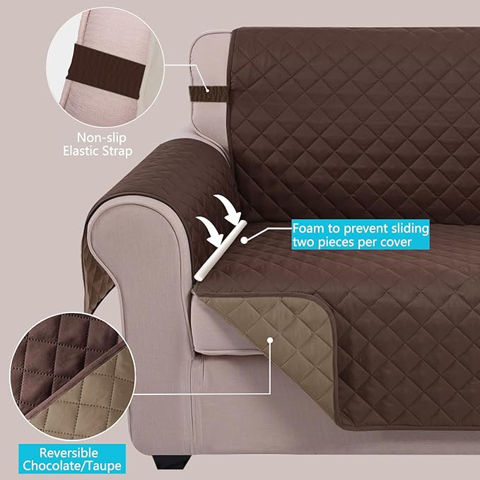 U-NICE HOME 4 Seater Sofa Cover 91 Inch Large Couch Covers for 4 Cushion Couch with Elastic Straps Water Resistant Furniture Protector Cover for Pets Cat (Sofa XX-Large, Chocolate/Taupe)