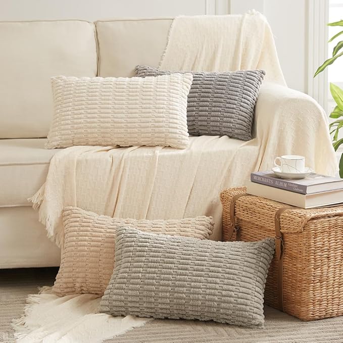 Fancy Homi 4 Packs Boho Cream Decorative Throw Pillow Covers 14x24 Inch for Living Room Couch Bed Sofa, Rustic Modern Farmhouse Home Decor, Soft Plush Corduroy Beige Cute Square Cushion Case 35x60 cm