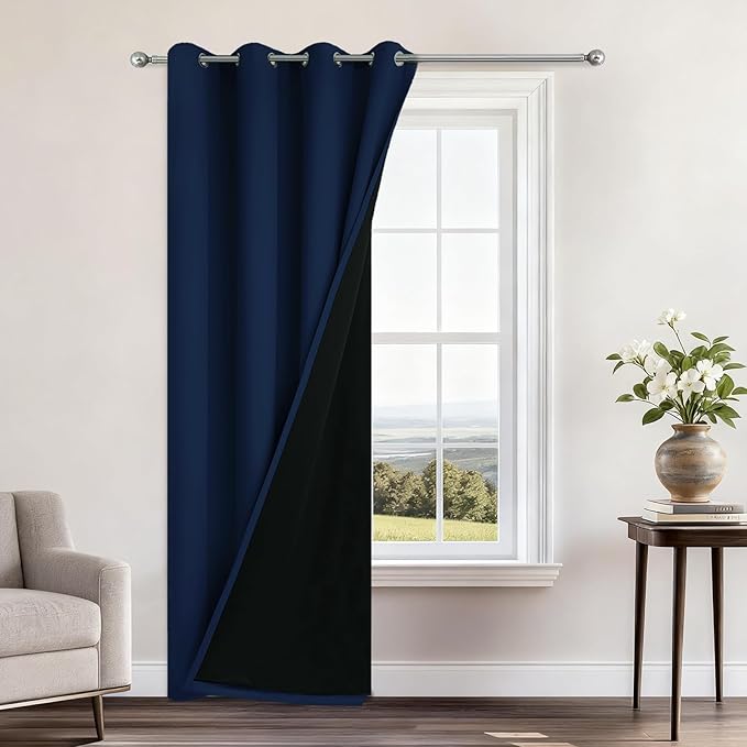 Yakamok 100% Blackout Curtains 96 Inches Long, 2 Thick Layers Heat and Full Light Blocking Soft Thermal Insulated Drapes for Bedroom(52" Wide Each Panel, Navy Blue, 1 Panel)