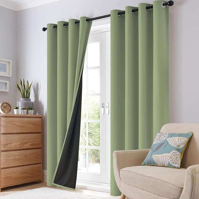 SimpleHome 100% Blackout Curtains for Bedroom,Thermal Insulated Sage Grommet Window Drapes Room Darkening Curtains for Living Room with Black Back,42 x 45 Inch,2 Panels