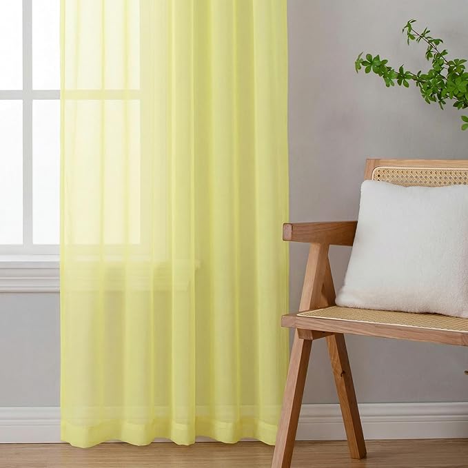 OWENIE Sheer Curtains 72 Inches Long 2 Panels Set, Modern Light Filtering Sheer Curtain Rod Pocket Clear Drapes for Window Sliding Door, Light Yellow, 2 Pcs Each 42 x 72 Inch
