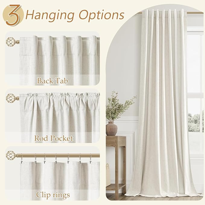 Guken Cream 100% Blackout Curtains 145 Inch Length 2 Panels Set for Living Room Bedroom Back Tab Thermal Insulated Black Out Linen Drapes Room Darkening Window Curtains