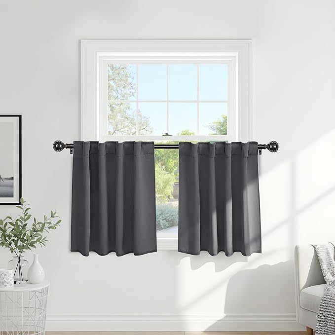 PONY DANCE Short Curtains Half Window Curtains for Bedroom, Privacy Blackout Energy Saving Drapes for Living Room Bathroom Shades, Wide 34 x Long 30 inches per Panel, Grey, 2 Pcs