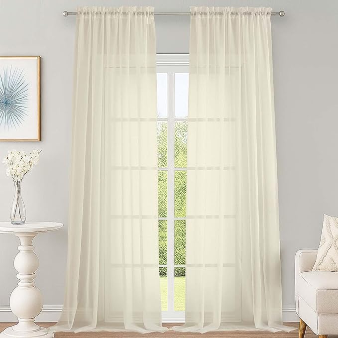 OWENIE Sheer Cream Curtains 108 Inches Long for Living Room Bedroom 2 Panels Set, Lightweight Airy Cream Sheer Curtain, Filmy Voile Rod Pocket, 2 PCS, Each 59" W x 108" L