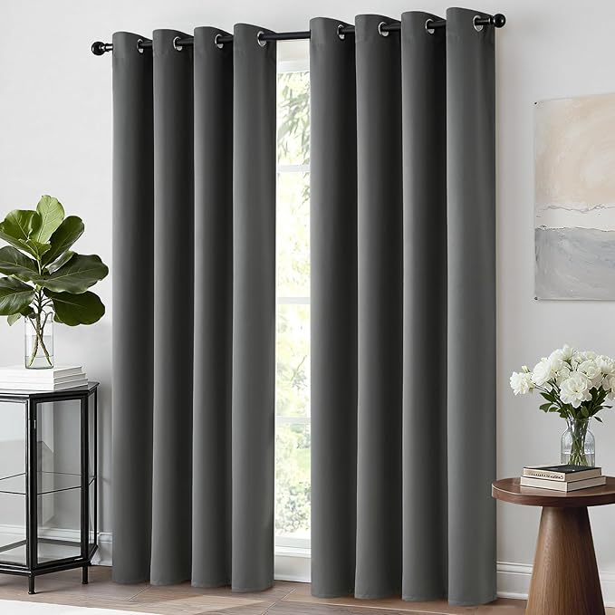Yakamok Thermal Insulated Solid Grommet Light Blocking Blackout Curtains for Living Room, Room Darkening Blackout Drapes for Bedroom(Dark Grey, 52Wx96L, 2 Panels)
