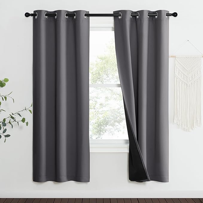 NICETOWN Grey Full Shade Curtain Panels, 37" Wide x 70" Long, Gray, Pair of Thermal Insulated & Energy Efficiency Blackout Curtains for Living Room Windows, Lined Silky Performance Window Dressing
