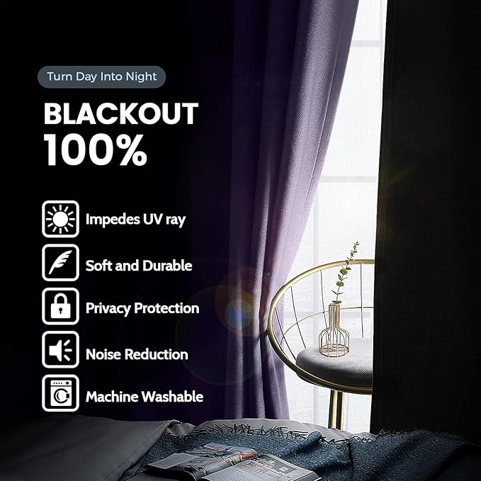 SimpleHome 100% Blackout Curtains for Bedroom,Thermal Insulated Lilac Grommet Window Drapes Room Darkening Curtains for Living Room with Black Back,62 x 63 Inch,2 Panels