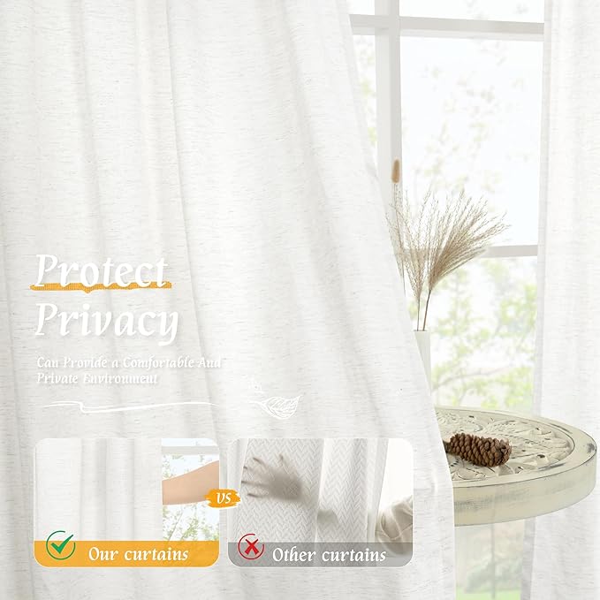 LAMIT Natural Linen Curtains for Bedroom, 84 Inch Length Faux Linen Textured Light Filtering Drapes Rod Pocket Window Treatment Panels for Living Room, Set of 2 Panels, 52 x 84 Inch, Ivory White