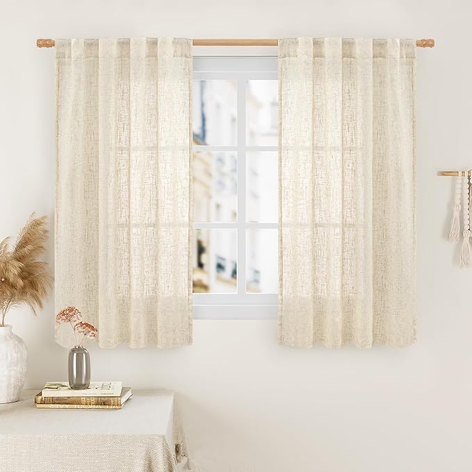 LAMIT Short Window Linen Curtains 45 Inch Length 2 Panels, Beige Light Filtering Panels Back Tab and Rod Pocket Neutral Drapes for Bathroom/Loft Room, 34 x 45 Inch