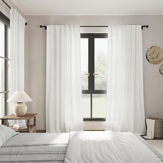Off White Linen Sheer Curtains 102 Inches 2 Panels Set Back Tab Rod Pocket Extra Long Semi Sheer Light Filter Vintage Curtain Drapes Room Decor Aesthetic Curtains for Living Room High Window 40x102