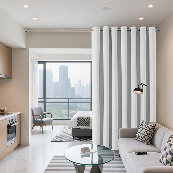 Joydeco Blackout Patio Sliding Door Curtains 84 Inches Long, Grommet Privacy Room Divider Curtains, Extra Wide Thermal Blackout Drapes for Bedroom Living Room (Greyish White, 80Wx84L, 1 Panel)