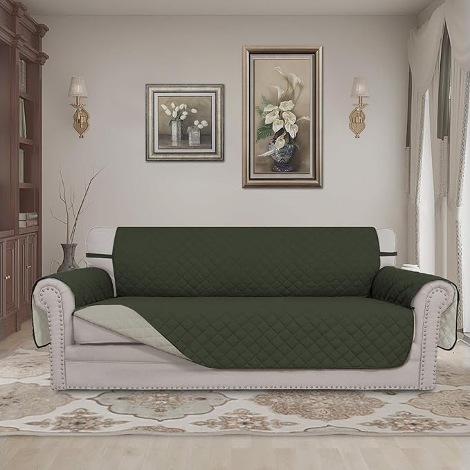 Easy-Going 4 Seater Sofa Slipcover Reversible Sofa Cover Water Resistant Couch Cover with Foam Sticks Elastic Straps Furniture Protector for Pets Children Dog Cat (XX-Large, Army Green/Beige)