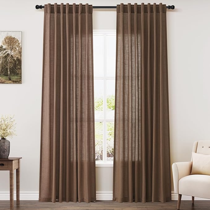 Nanspring Caramel Brown Curtains 80 Inches Long 2 Panels Set for Bedroom Back Tab Rod Pocket Semi Sheer Light Filtering Privacy Drapes Linen Blend Textured Farmhouse Living Room Curtain 52X80