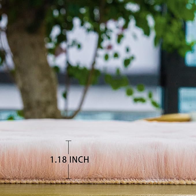 ORINOVA Pink Plush Washable Fluffy Fur Rugs for Living Room Shag Faux Rabbit Fuzzy Fur Area Rugs for Bedroom 2x6 Rug Oblong Nursery Rug