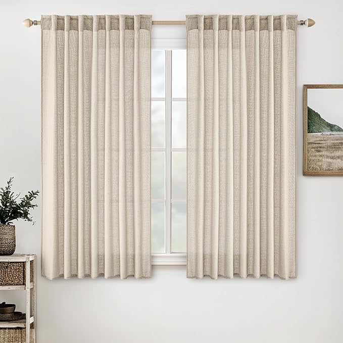MIULEE Beige Linen Curtains 45 Inch Length 2 Panels for Bedroom Living Room, Soft Linen Textured Window Drapes Semi Sheer Light Filtering Back Tab Rod Pocket Farmhouse Modern Burlap Look Decor