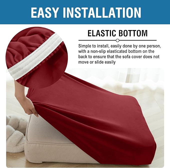 Couch Cover 6-Piece Elastic Velvet Couch Cushion Covers & Chaise Slipcovers for L-Shaped Sofas, Sofa Seat Covers Washable, Soft Cover for Couches (5 Seater + Chaise, Christmas Red)