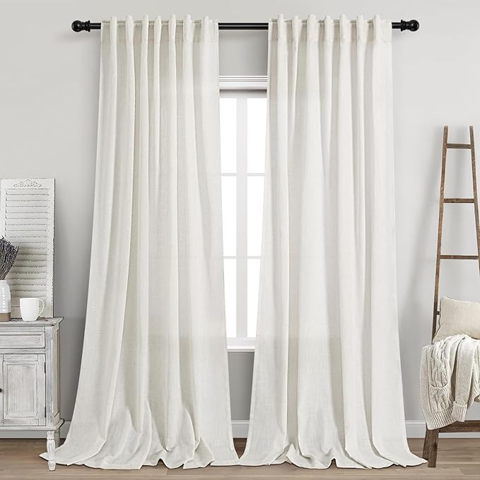 Nanspring Extra Long 112 Inch Long Beige White Linen Curtains Back Tab Neutral Farmhouse Light Filtering Semi Transparent Large Windows Ceiling to Floor for Living Room 2 Pack