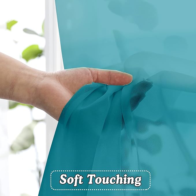 OVZME 2 Panels Turquoise Semi Sheer Valance - Short Curtain Valances for Windows, Basement, Kitchen with Dual Rod Pocket (42 by 14 Inches Long)