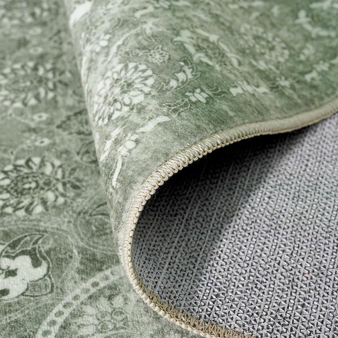 4x8 Washable Hallway Runner Rug - Wide Kitchen Runners Vintage Low Pile Carpet Soft Thin Floor Runner with Rubber Backing for Entryway Bedroom Living Room Home Decor (Muted Sage Green)