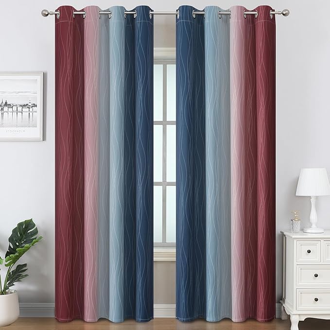 Estelar Textiler Navy Blue and Burgundy Red Ombre Blackout Curtains 96 Inch Length 2 Panels, Light Blocking Thermal Insulated Room Darkening Window Drapes for Bedroom/Living Room, 52x96 Inch
