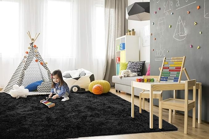 TWINNIS Super Soft Shaggy Rugs Fluffy Carpets,5x7 Feet, Indoor Modern Plush Area Rugs for Living Room Bedroom Kids Room Nursery Home Decor, Upgrade Anti-Skid Rectangular Fuzzy Rug, Black