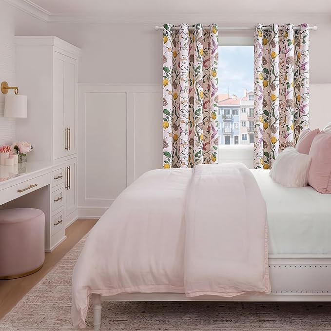 Topfinel Floral Curtains 84 Inch Length 2 Panels Set Pink Spring French Country Coquette Flower Hummingbird Blush Pink Blackout Curtains Preppy Nursery Girls Bedroom Aesthetic Living Dining Room