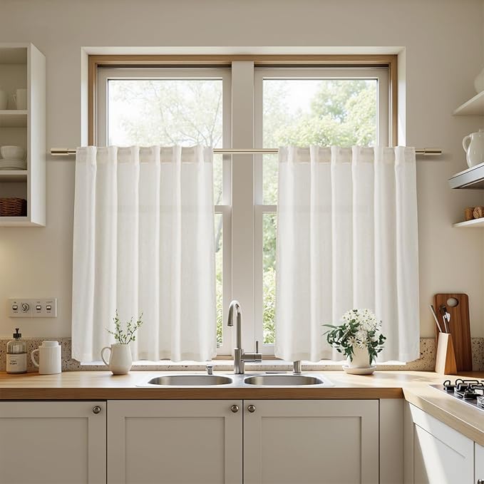 Nanspring 30 Inch Long Cream Curtains for Kitchen Linen Blend Semi Sheer Back Tab and Rod Pocket Light Filtering for Bathroom Small Window Curtain 25 x 30 Inch,2 Panels