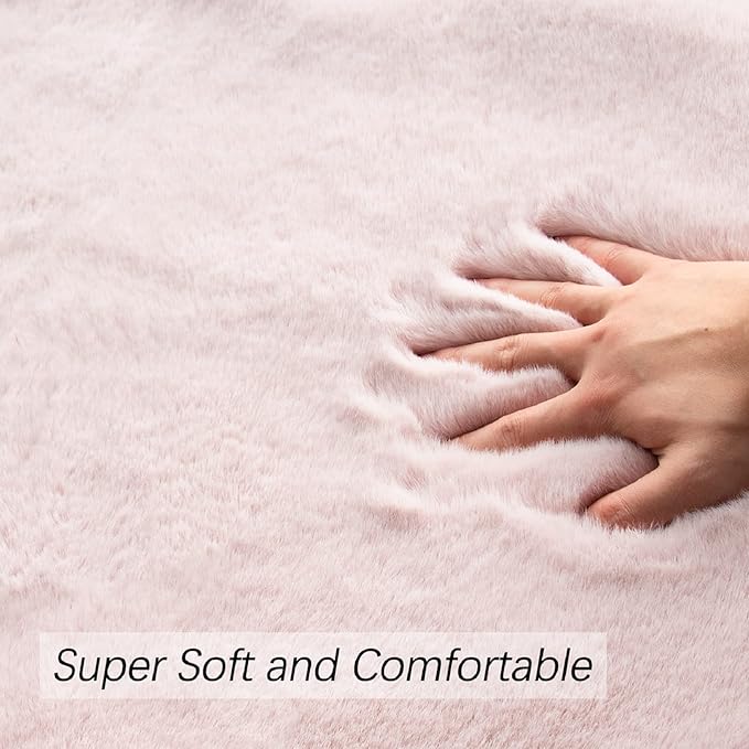 ORINOVA Pink Plush Washable Fluffy Fur Rugs for Living Room Shag Faux Rabbit Fuzzy Fur Area Rugs for Bedroom 2x6 Rug Oblong Nursery Rug