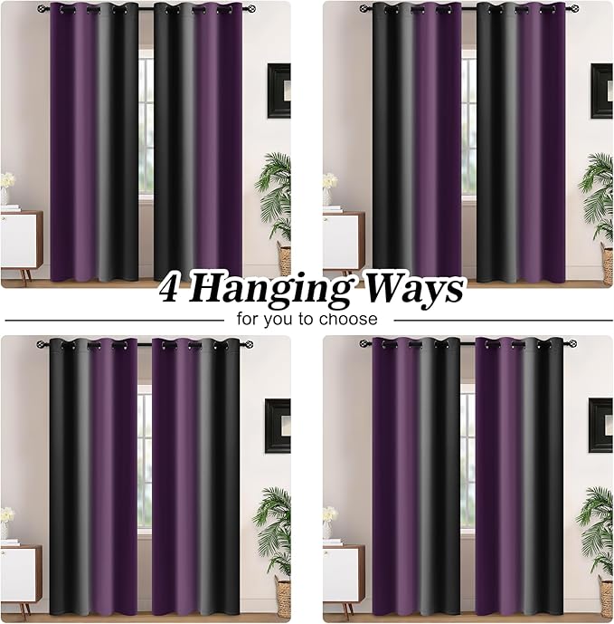 Yakamok Blackout Ombre Purple and Black Curtains for Bedroom, Gradient Room Darkening Curtains, Grommet Thermal Insulated Light Blocking Window Drapes/Curtain for Living Room,52 x 72 Inch,2 Panels