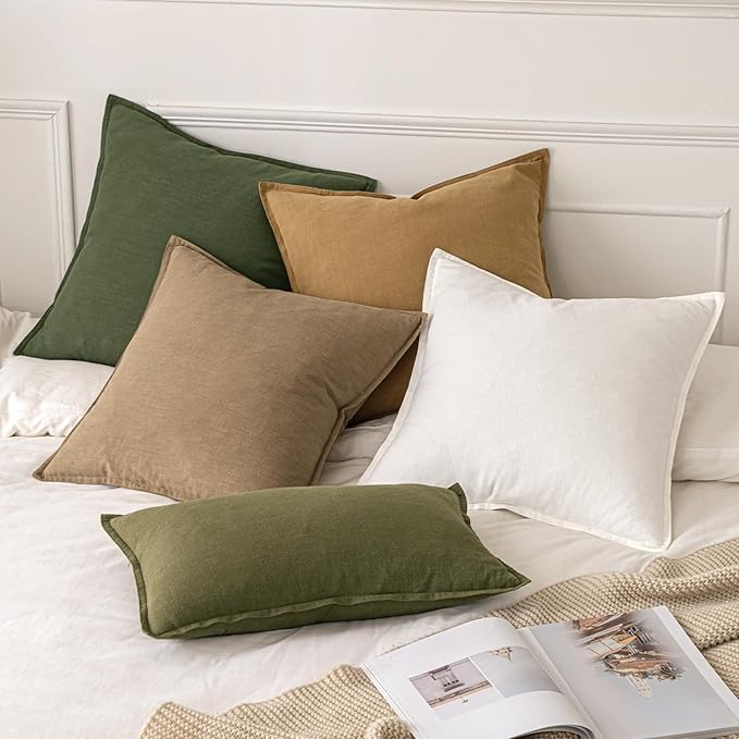 MIULEE Decorative Linen Euro Sham Pillow Covers 22x22 Inch Dark Olive Green Boho Farmhouse Neutral Spring Couch Throw Pillows for Bed Pack of 2 Accent Modern Pillowcase Sofa Livingroom Home Decor