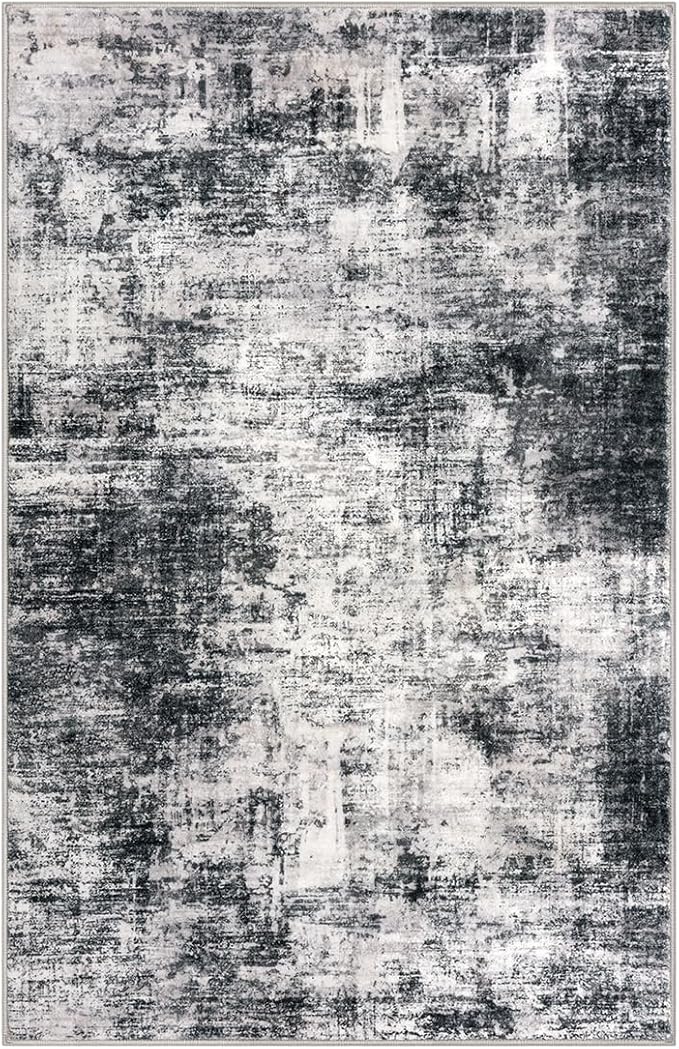 IOHOUZE Modern Abstract Area Rugs 5x7 Ft Washable Rugs for Living Room, Non Slip Dining Room Rug, Printed Faux Wool Rugs for Bedroom, Floor Carpet for Office Nursery Playroom, Black Grey