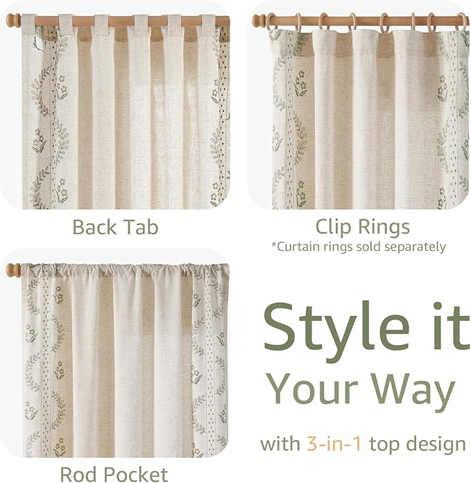 jinchan Belrose 4 Panel Curtains Set 90 Inch Length Floral Curtains Linen Blend Sage Green Embroidered Drapes Farmhouse Flower Patterned Drapes for Living Room Bedroom Window Treatments Set of 4